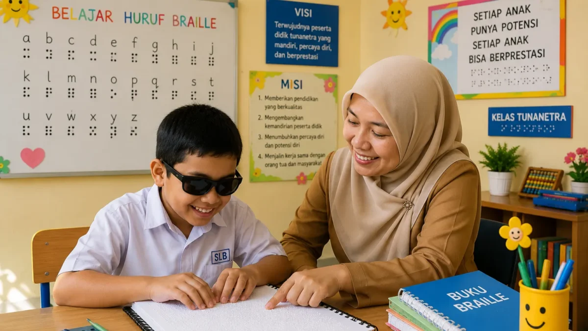 Ilustrasi pembelajaran Braille di kelas inklusi. (Foto: AI)