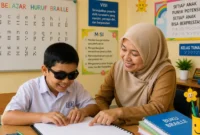 Ilustrasi pembelajaran Braille di kelas inklusi. (Foto: AI)