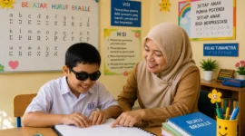 Ilustrasi pembelajaran Braille di kelas inklusi. (Foto: AI)