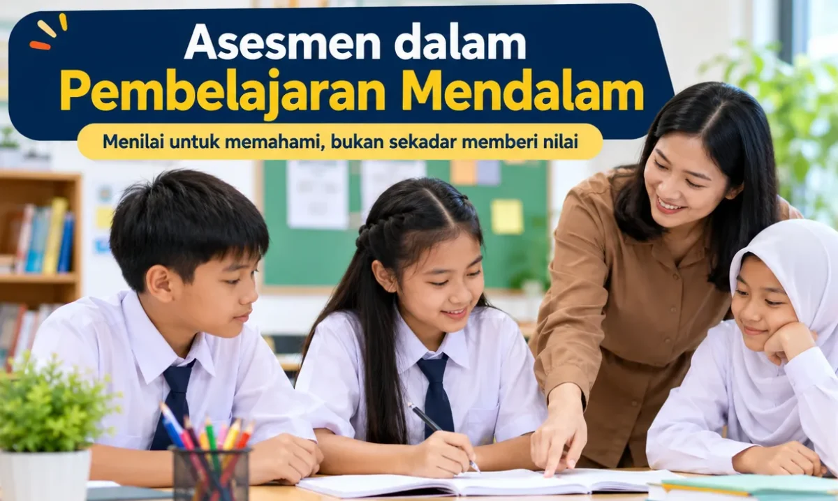 Ilustrasi guru melakukan asesmen dalam Pembelajaran Mendalam bersama peserta didik di ruang kelas (Foto: AI)