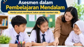 Ilustrasi guru melakukan asesmen dalam Pembelajaran Mendalam bersama peserta didik di ruang kelas (Foto: AI)