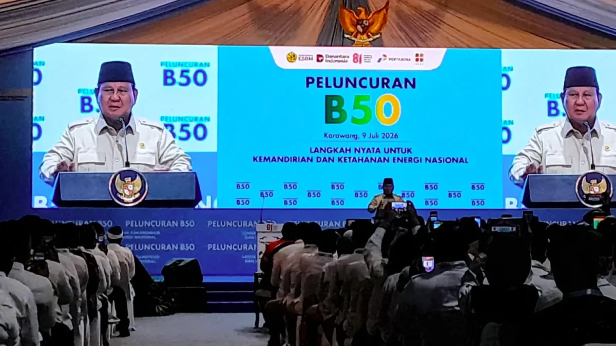 Presiden Prabowo Subianto saat menyampaikan arahannya pada peluncuran B50 di Rest Area KM 57 Tol Jakarta-Cikampek, Karawang, Kamis, 9 Juli 2026 (Foto: Afriani Respati/RRI)