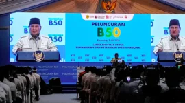 Presiden Prabowo Subianto saat menyampaikan arahannya pada peluncuran B50 di Rest Area KM 57 Tol Jakarta-Cikampek, Karawang, Kamis, 9 Juli 2026 (Foto: Afriani Respati/RRI)